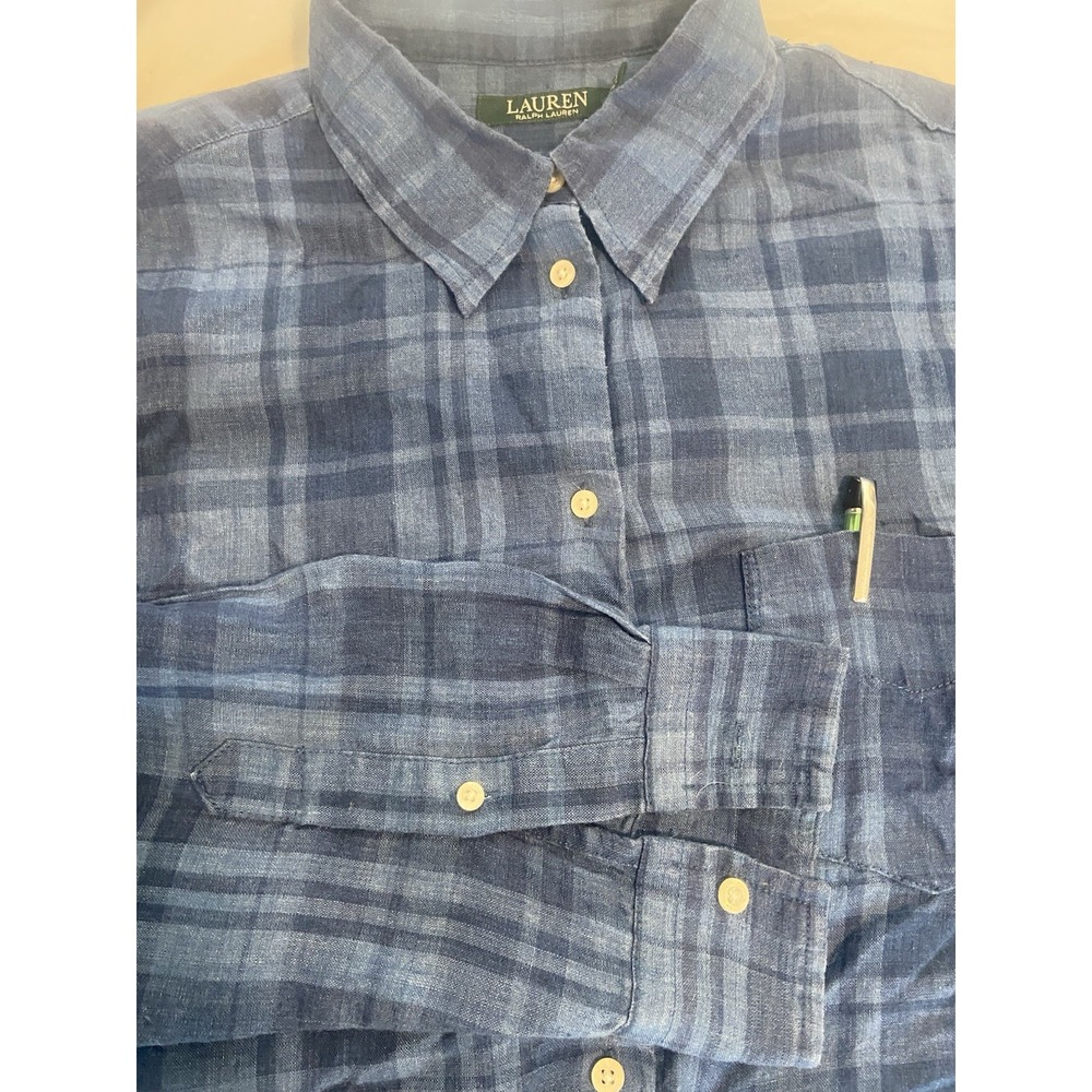 Lauren Ralph Lauren Blue Plaid 100% Linen Pullover Long Sleeve Shirt-Size XL